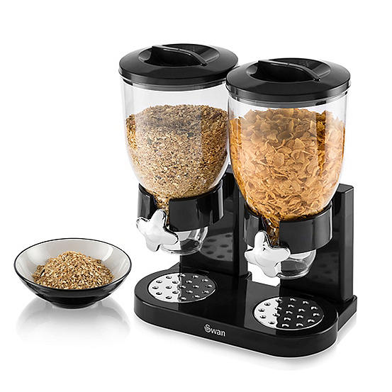 Swan – Doppio Dispenser Per Cereali, 3.5 Litri Per Lato, Con Rubinetto Dosatore, Nero, Per Colazione E Dispensa