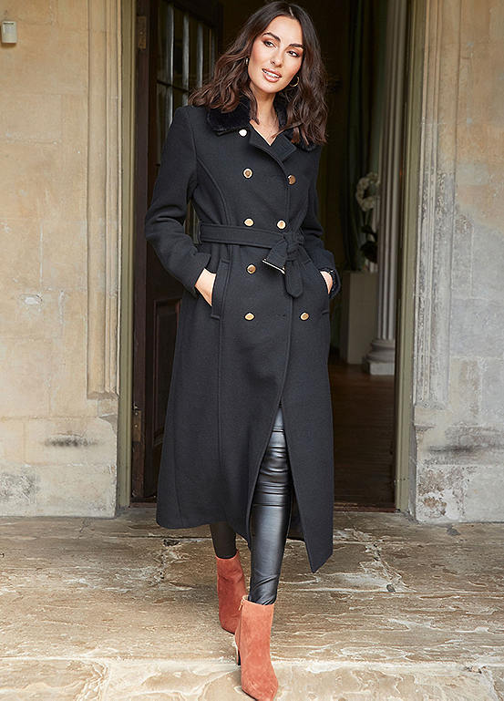 Together Longline Military Coat with Fur Collar Freemans