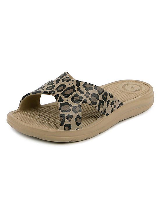 Totes SOLBOUNCE Ladies Cross Slider Sandals in Natural Leopard | Freemans