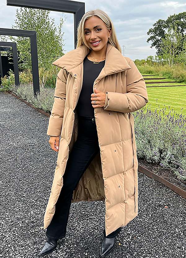 tie waist long puffer coat