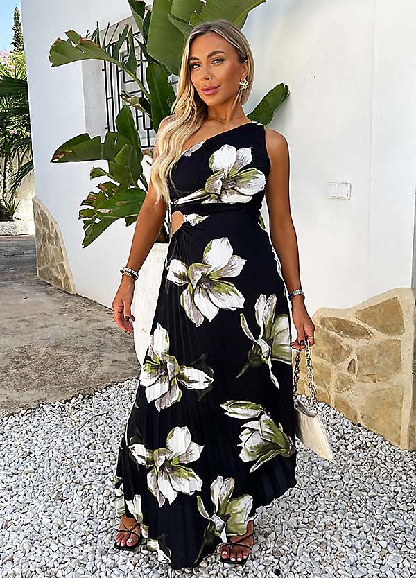 AX Paris Black White Floral Print One Shoulder Cut Out Pleated
