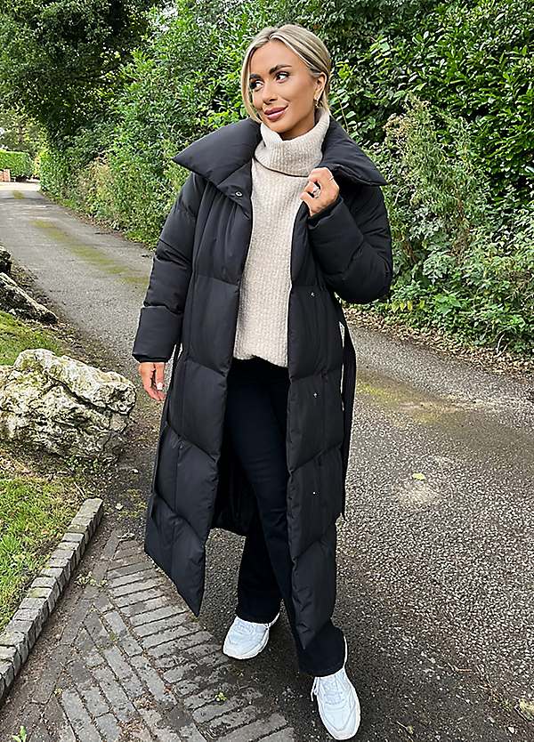AX Paris Black Tie Waist Quilted Longline Puffer Coat Freemans