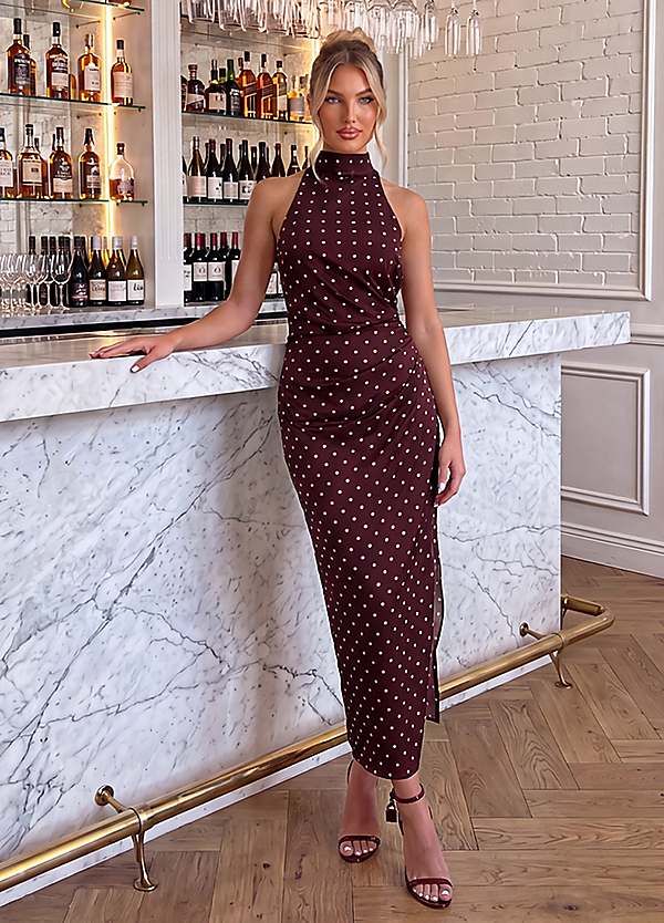 burgundy polka dot midi dress AX Paris High Neck - Burgundy Purple