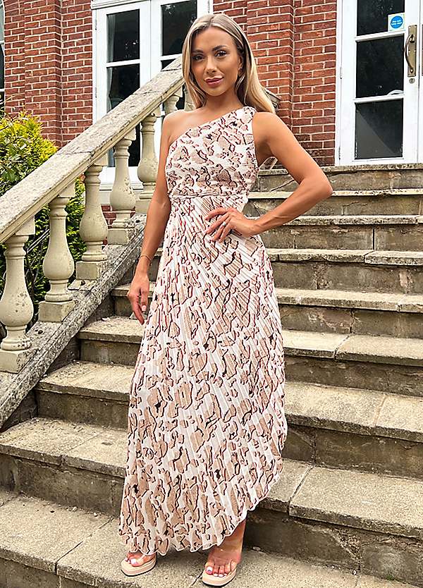 AX Paris Cream Printed One Shoulder Pleated Midi Dress | Freemans