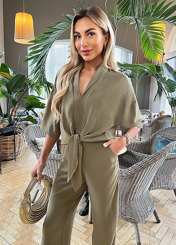 AX Paris Khaki V-Neck Collar Tie Front Shirt Freemans