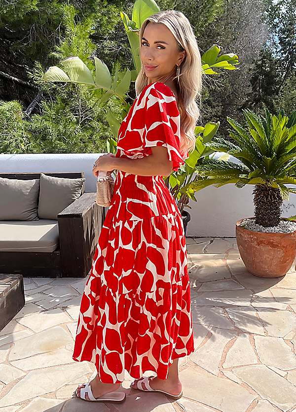 AX Paris Red Abstract Print Shirred Waist Smock Midi Dress