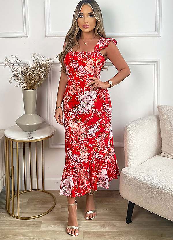 Pink And Red Floral Printed V-Neck Short Sleeve Midi Dress – AX Paris