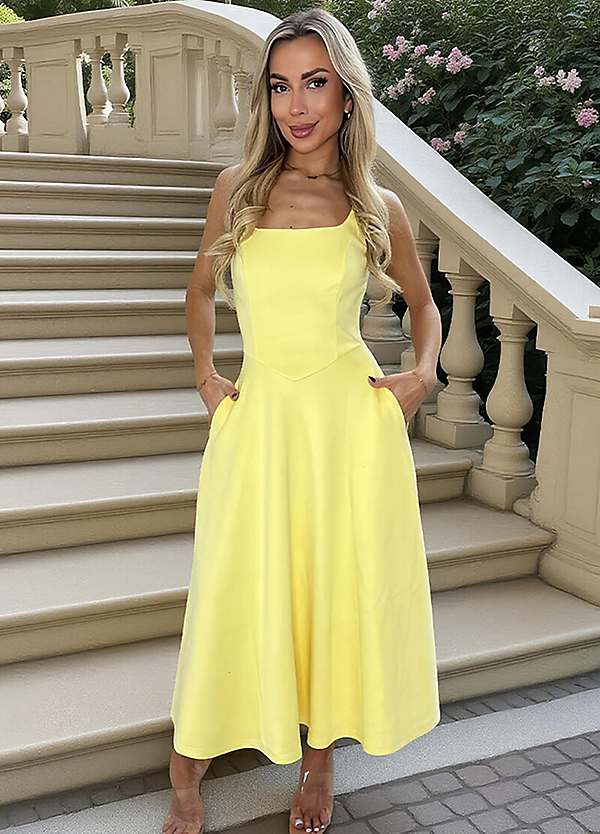 yellow a line midi dress Women A-Line Midi Dress with Short Puffed Sleeve Yellow / XL