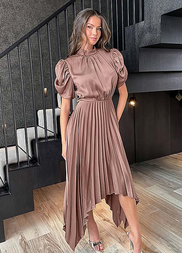 AX Paris Taupe High Neck Puff Sleeve Zig Zag Hem Pleated
