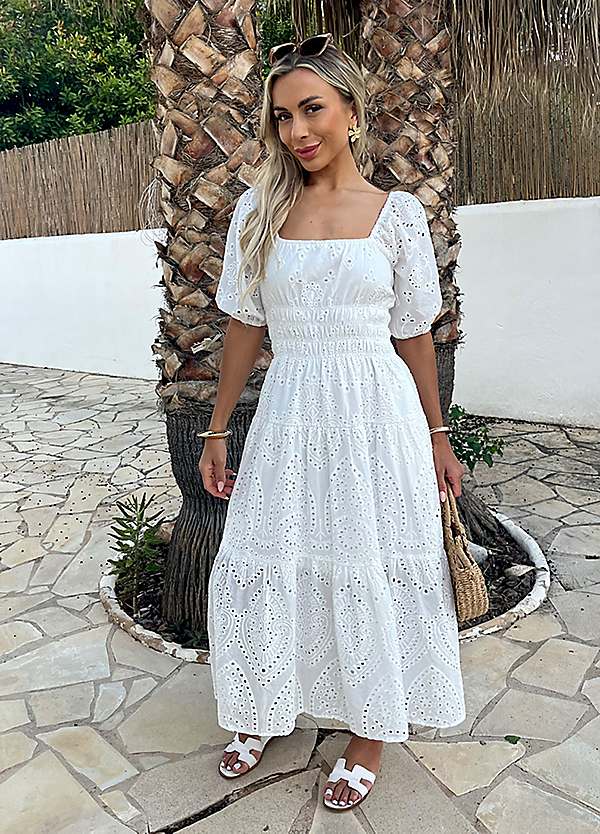 AX Paris White Broderie Puff Sleeve Smock Midi Dress | Freemans