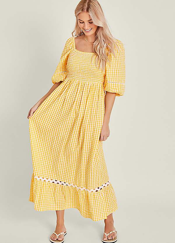 knee length dresses for ladies Things Between Della Red Gingham Puff Sleeve Maxi Dress  Momni Boutique