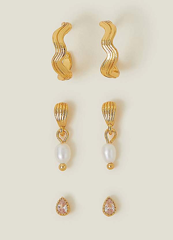 Accessorize Gold Pack of 14ct Gold-Plated Pearl Wave Stud and