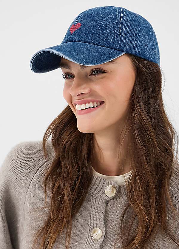 Embellished Denim \'LOVE\' Baseball Cap with Red Heart Red Heart Denim Embroidered Cotton Baseball Hat - Etsy Ireland main image 3