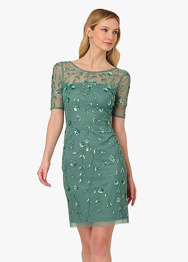 Adrianna Papell Beaded Floral Short Dress - Green Slate