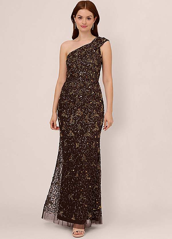 Adrianna Papell Beaded One Shoulder Gown Freemans