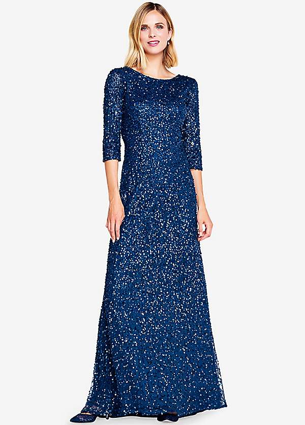 Adrianna Papell Blue Three Quarter Sleeve Beaded Mermaid Gown