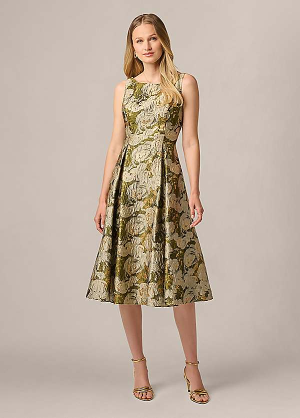 adrianna papell boat neck a line dress Jacquard Midi - Olive Multi Dry clean only
