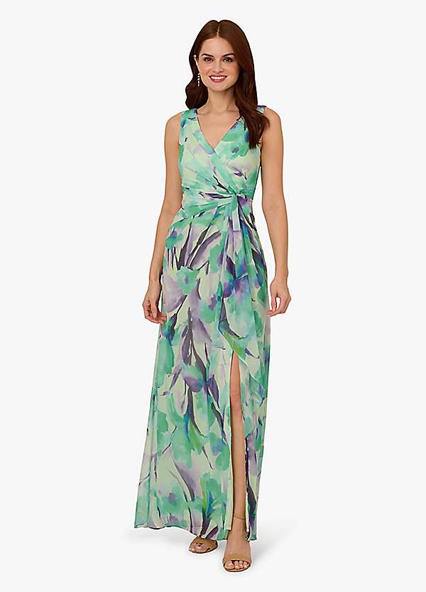 adrianna papell chiffon wrap dress Multi Colored Asymmetrical Draped Floral Chiffon Gown