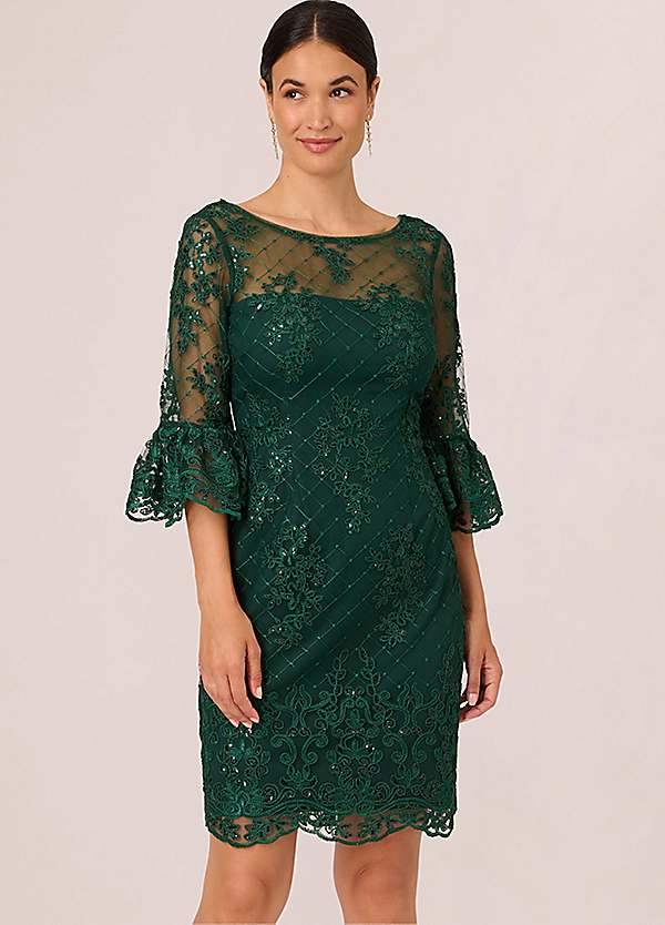 Adrianna Papell Embroidered Bell Sleeve Dress