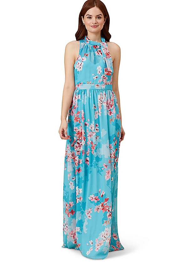 Adrianna Papell Floral Chiffon Tie Neck Gown Freemans