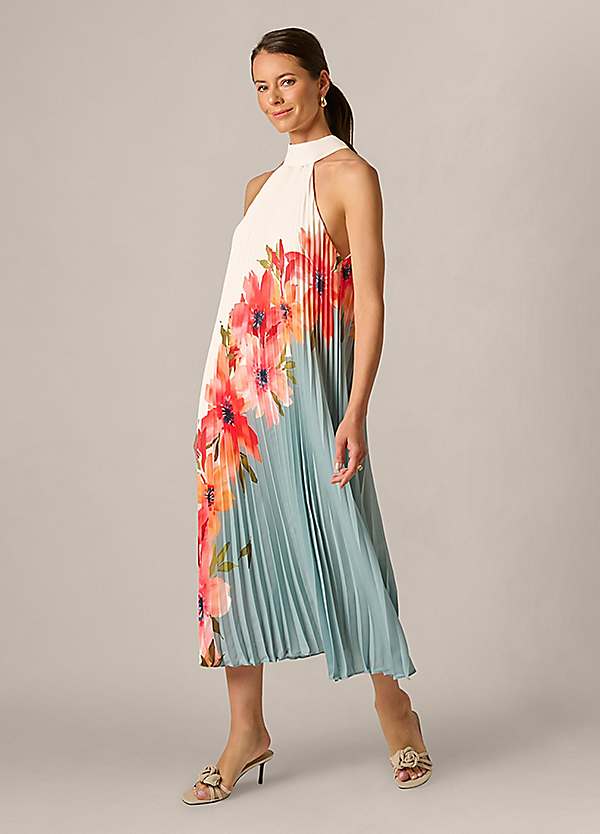adrianna papell floral print chiffon dress Floral Crinkle Chiffon Halter Midi Dress In Navy Multi, Navy Multi / Regular / 14