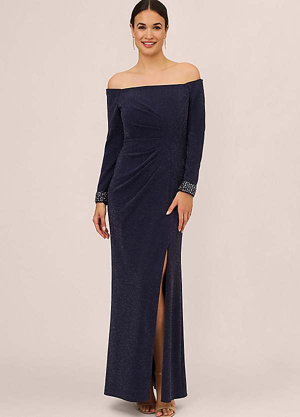 Adrianna Papell Metallic Knit Beaded Gown