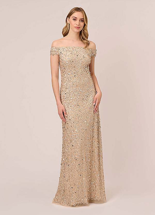 Adrianna Papell Off Shoulder Crunchy Bead Gown