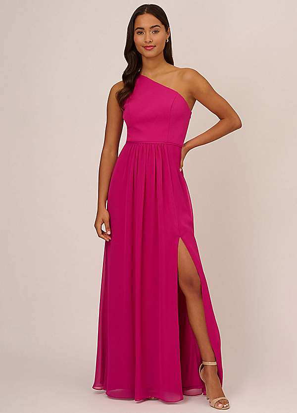 Stardust Pleated Draped One Shoulder Gown In Magenta