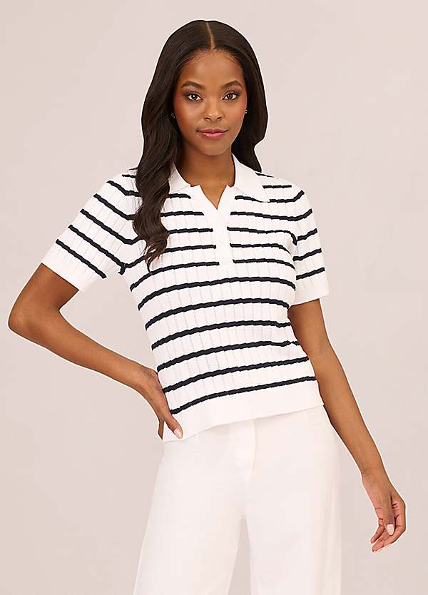 Adrianna Papell Pointelle Short Sleeve Polo Striped V Placket