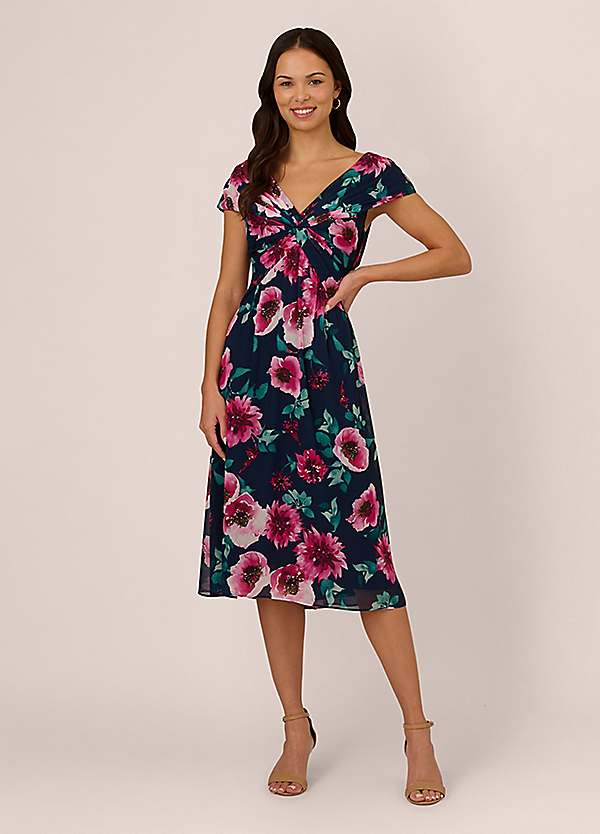 adrianna papell printed midi dress Adrianna Papell Women's Floral Jacquard Midi Dress Color Blue Multi Size 2 $229