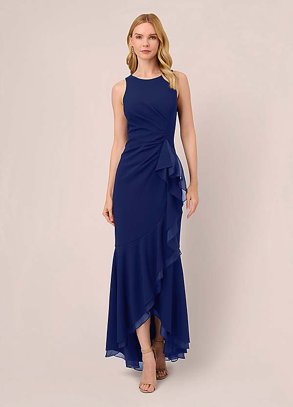 Adrianna Papell Ruffle Crepe Halter Gown - Navy Blue