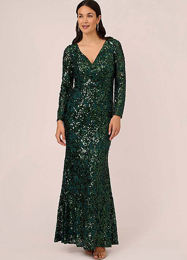 Adrianna Papell Sequin Lace Long Gown Freemans