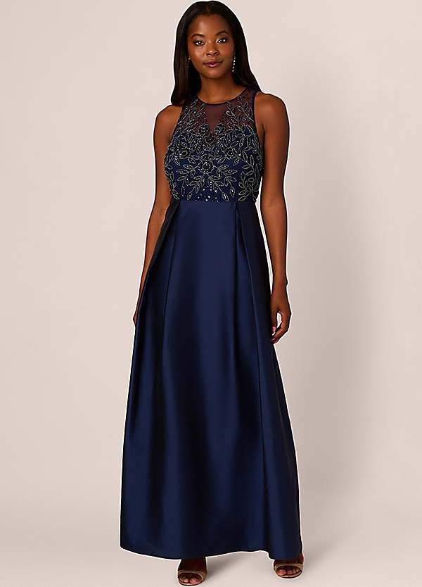 Shops Adrianna Papell Women's Formal Dress Size 6 Blue Sleeveless Lace and Crepe Gown