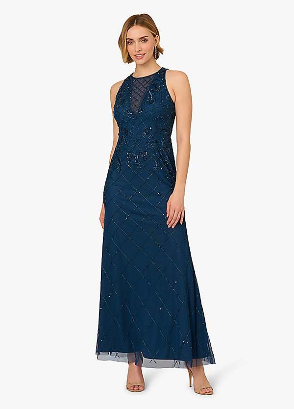Adrianna Papell Studio Bead Halter Long Dress | Freemans
