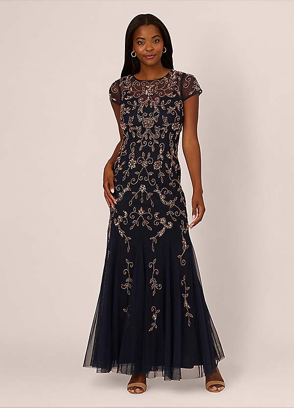 Adrianna Papell Studio Bead Mesh Godet Long Dress | Freemans