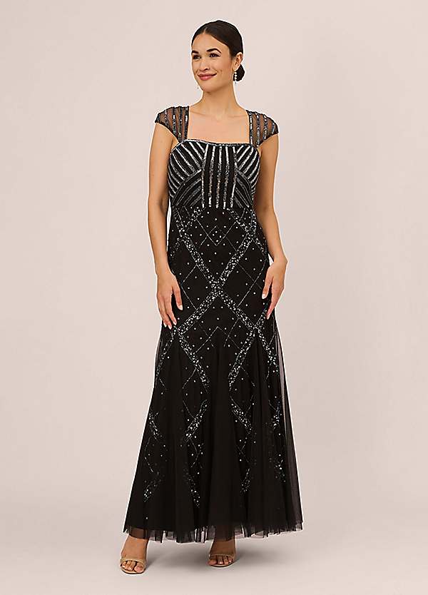 Adrianna Papell Studio Beaded Cap Sleeve Gown