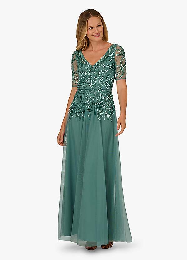 Adrianna Papell Studio Beaded Mesh Long Dress | Freemans