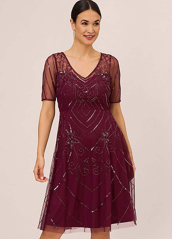 Adrianna Papell Studio Beaded V Neck Midi Dress Freemans