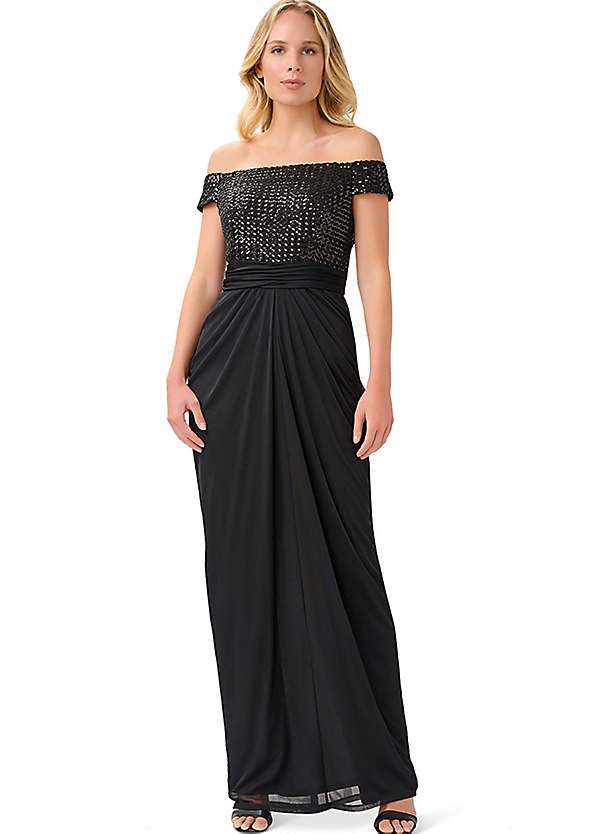 Adrianna papell off the best sale shoulder sequin beaded gown