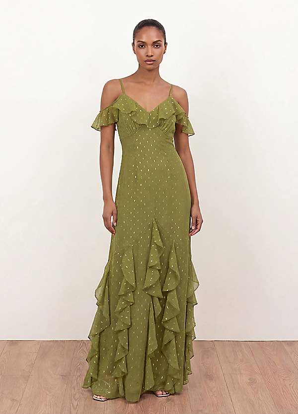 anaya with love green dress Oliva Cold Shoulder Ruffle Maxi loop-ae-106
