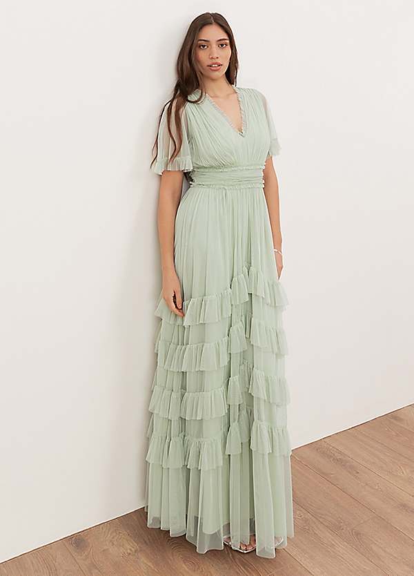 anaya with love green dress Soft Sage V-Neck Ruffle Maxi - loop-ae-106