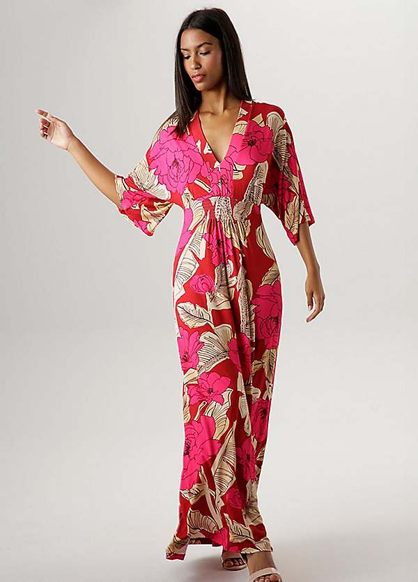 Aniston Floral Print V Neck Three Quarter Length Sleeve Maxi Dress