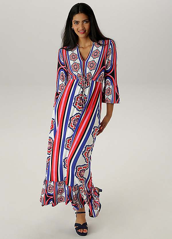 three quarter sleeve boho maxi dress Women's Bohemian Floral Embroidered V Neck 3/4 Sleeves Front Split Button Maxi Boho Dress, Red / S