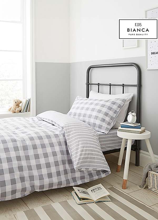 Bianca Kids Grey Check and Stripe Reversible Duvet Cover Set