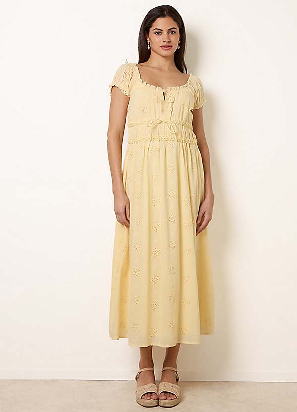 Blue Vanilla Broderie Front Tie Midi Dress - Lemon