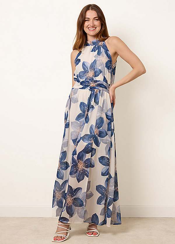 Blue Vanilla Floral Print Halter Neck Occasion Dress | Freemans