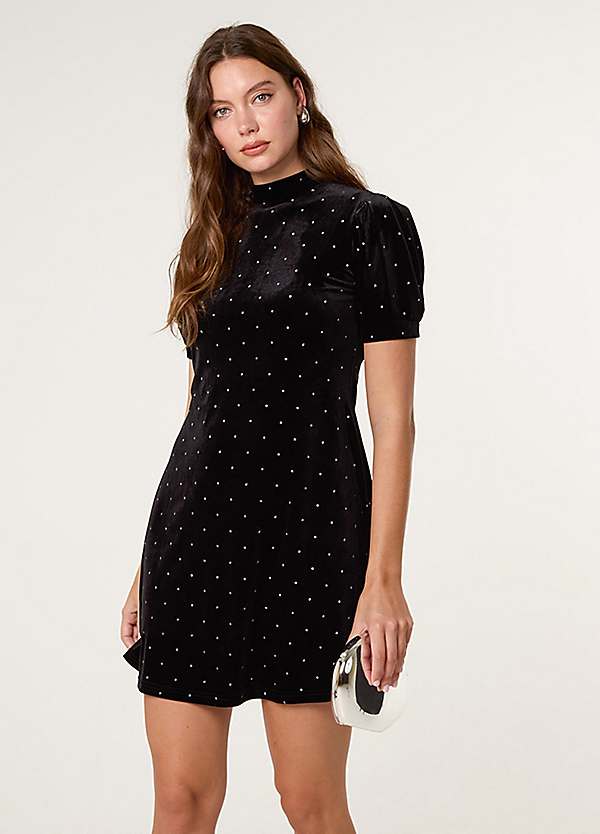 blue vanilla polka dot dress Puff Sleeve fabric has minimal stretch