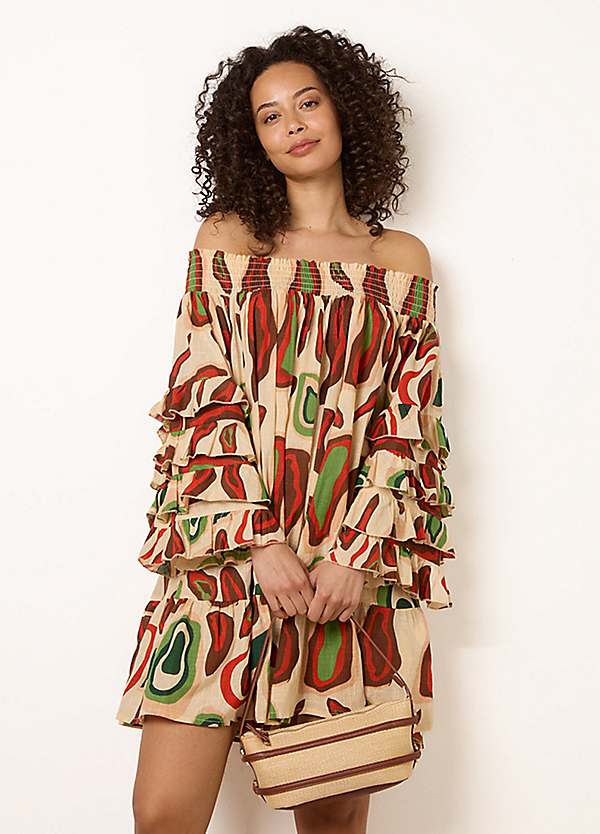 off the shoulder dress casual Blue Vanilla Printed Frill Sleeve Bardot Tunic Color:1Straps Light Purple all-shoes Short dress IRO Lace Draped Dress