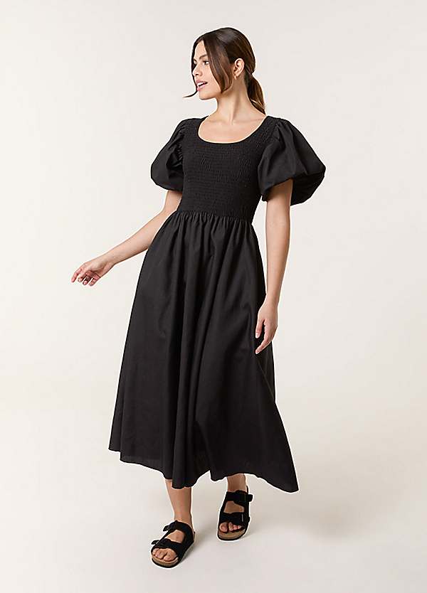 Blue Vanilla Puff Sleeve Mix Fabric Midi Dress | Freemans