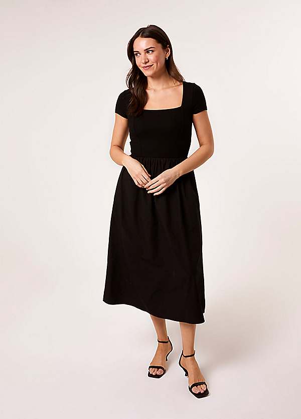 Blue Vanilla Square Neck Mix Fabric Midi Dress | Freemans